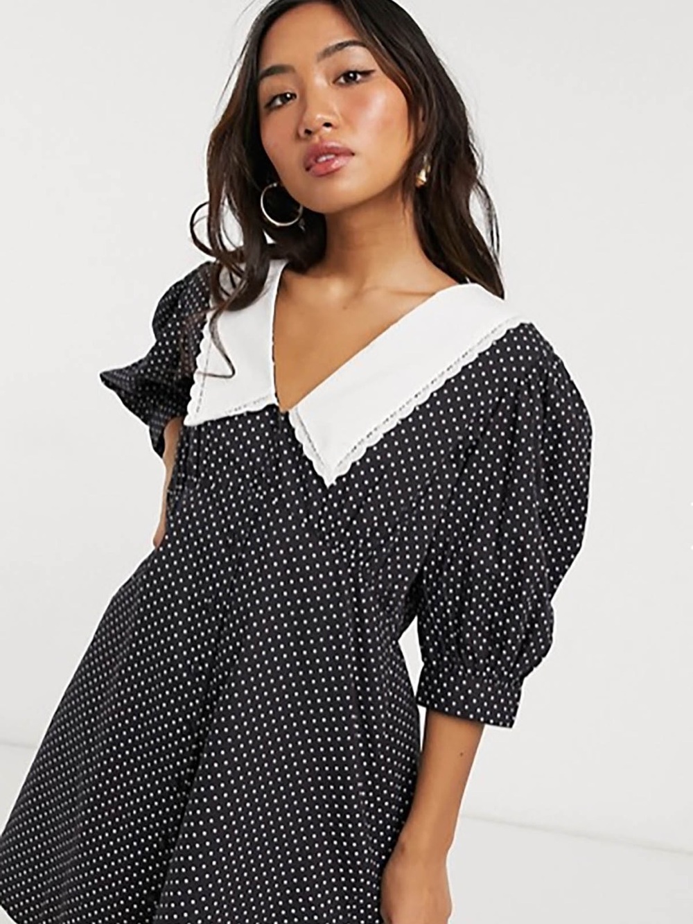 Collar Our Lead Nadty Gal Black Polka Dot Mini Dress with White Peter Pan Collar